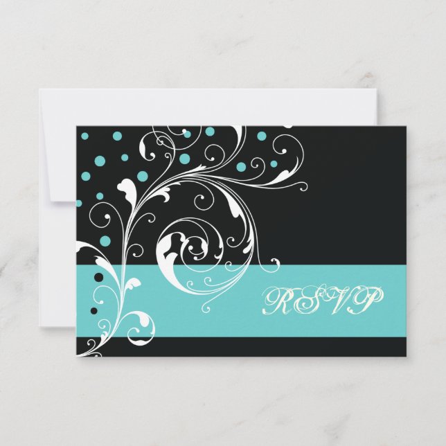 Floral scroll leaf black, aqua wedding RSVP (Front)