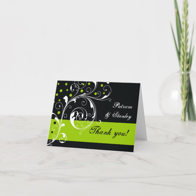 Floral scroll leaf black, green wedding Thank You Card (Front)
