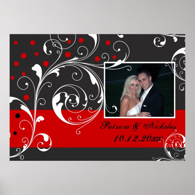 Floral scroll leaf black, red wedding photo poster (Front)