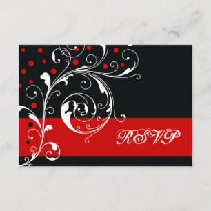 Floral scroll leaf black, red wedding RSVP Card