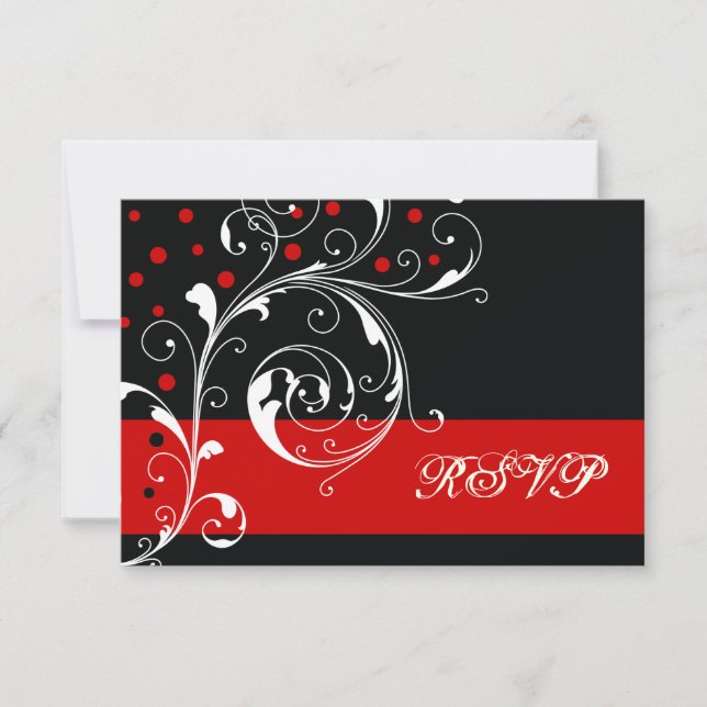 Floral scroll leaf black, red wedding RSVP Card (Front)