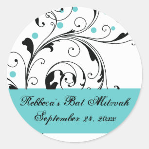 Floral scroll leaf black, white, aqua Bat Mitzvah Classic Round Sticker