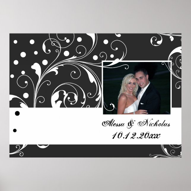 Floral scroll leaf black, white wedding photo poster (Front)