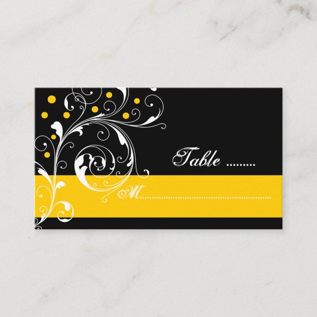 Floral scroll leaf black yellow wedding place card (Front)