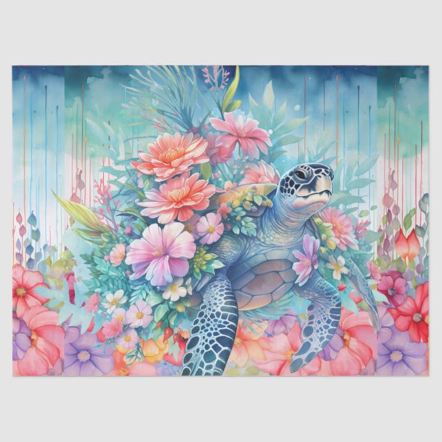 Floral Sea Turtle Decoupage Tissue Paper (Front)
