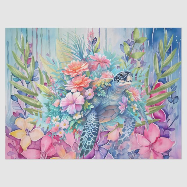 Floral Sea Turtle & Pastel Flowers  Tissue Paper (Front)