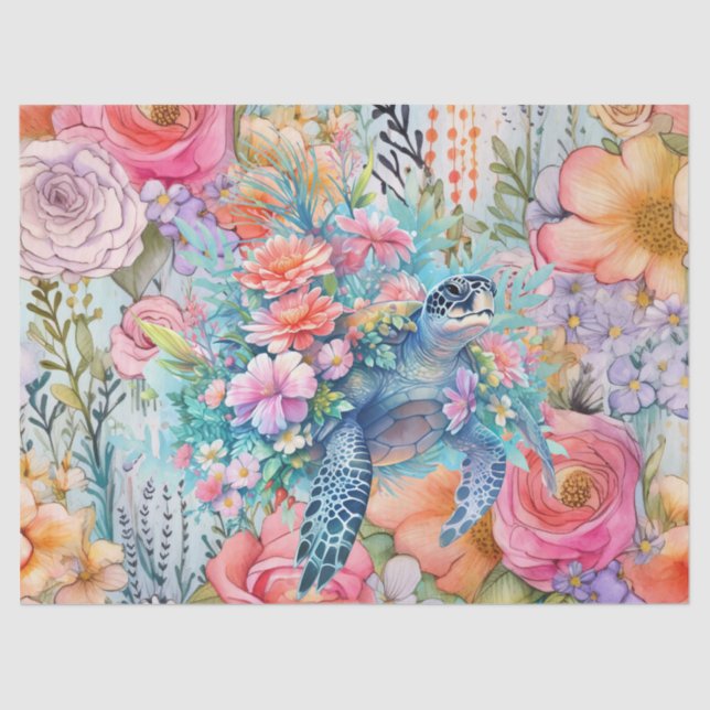 Floral Sea Turtle & Pink Flowers  Tissue Paper (Front)