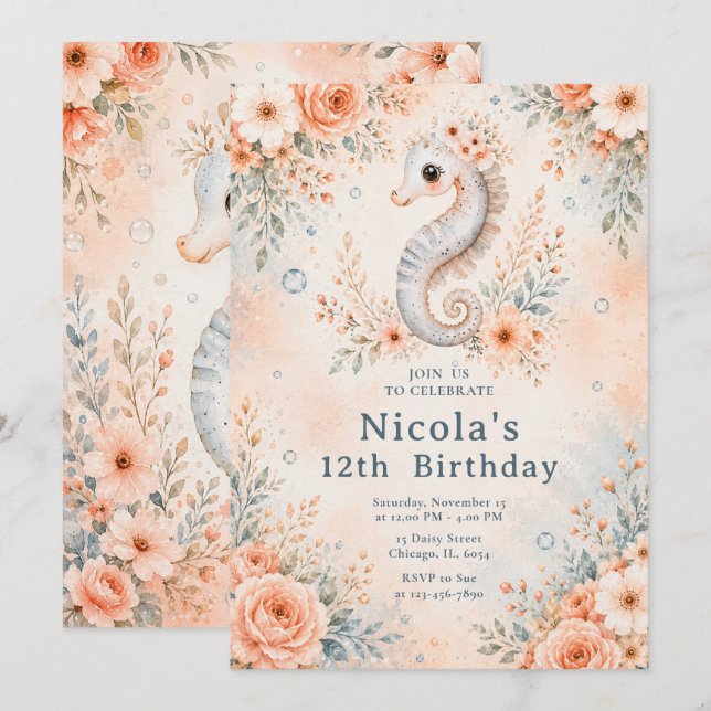 Floral Seahorse Birthday Invitation (Front/Back)