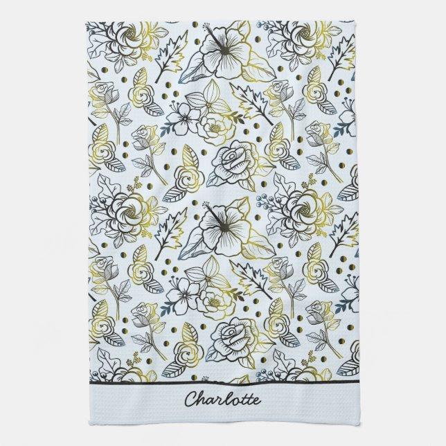 Floral seamless pattern big blossom personalised  tea towel (Vertical)