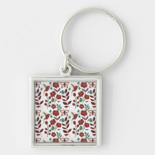 Floral seamless pattern birds and butterflies key ring