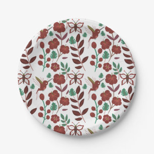 Floral seamless pattern birds and butterflies paper plate