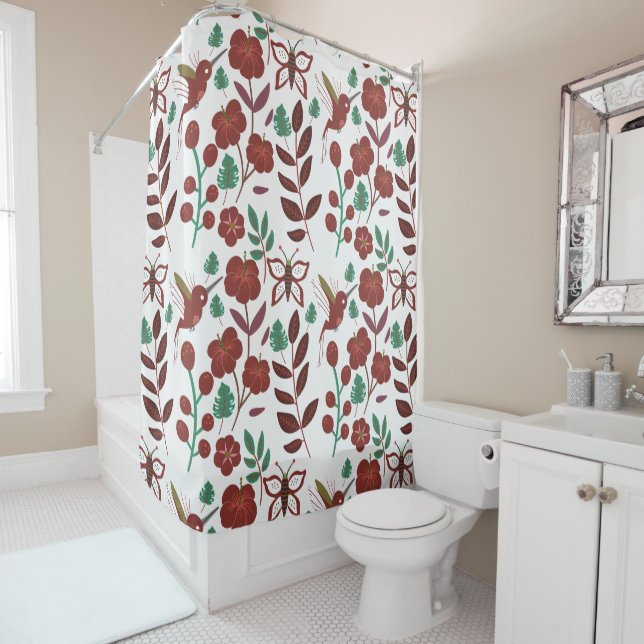 Floral seamless pattern birds and butterflies shower curtain (In Situ)