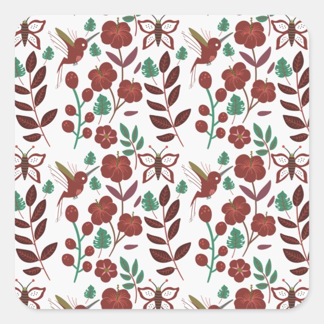 Floral seamless pattern birds and butterflies square sticker (Front)