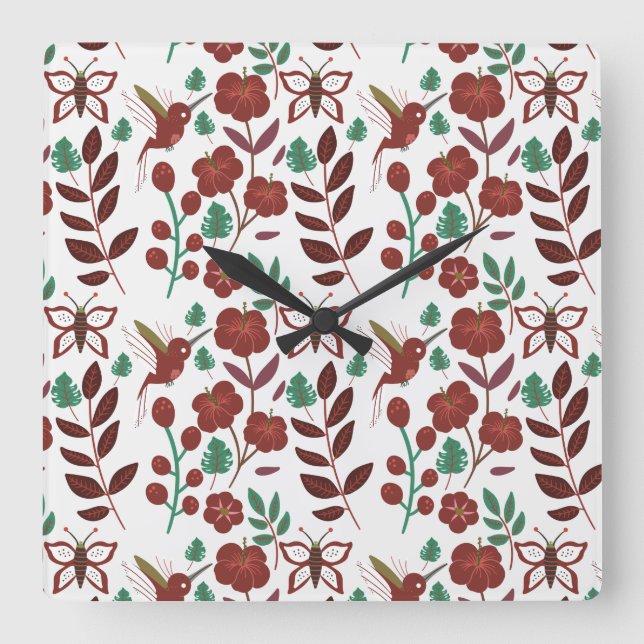 Floral seamless pattern birds and butterflies square wall clock (Front)