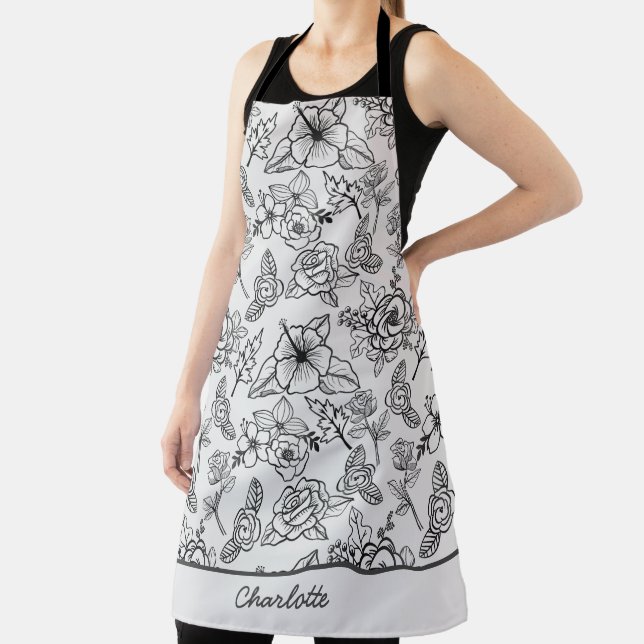 Floral seamless pattern black & white personalised apron (Insitu)