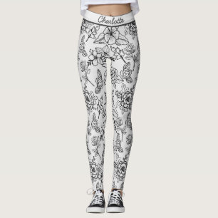 Floral seamless pattern black & white personalised leggings