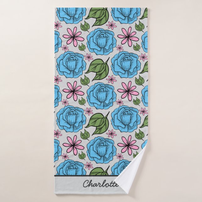 Floral seamless pattern blue & pink personalised  bath towel (Bath Towel)