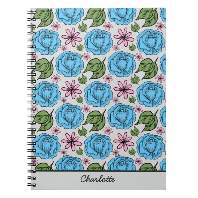 Floral seamless pattern blue & pink personalised notebook (Front)