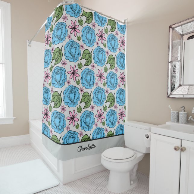 Floral seamless pattern blue & pink personalised  shower curtain (In Situ)