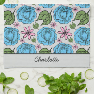 Floral seamless pattern blue & pink personalised tea towel