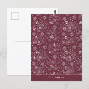 Floral seamless pattern burgundy personalised name postcard