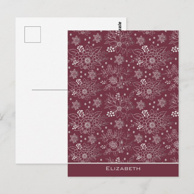 Floral seamless pattern burgundy personalised name postcard (Front/Back)