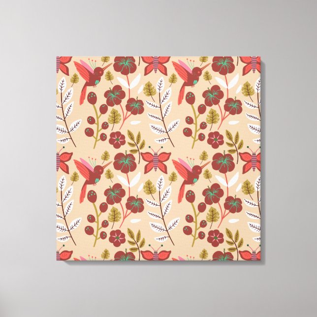 Floral seamless pattern flowers, birds, butterfly canvas print (Front)