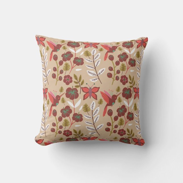 Floral seamless pattern flowers, birds, butterfly cushion (Front)