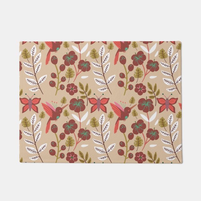 Floral seamless pattern flowers, birds, butterfly doormat (Front)