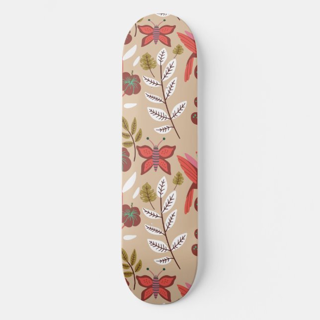 Floral seamless pattern flowers, birds, butterfly skateboard (Front)