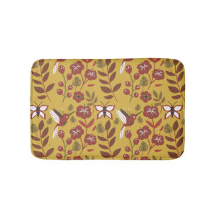 Floral seamless pattern flowers, butterfly, red bath mat