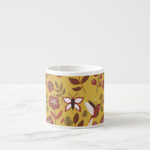 Floral seamless pattern flowers, butterfly, red espresso cup