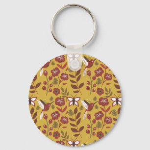 Floral seamless pattern flowers, butterfly, red key ring