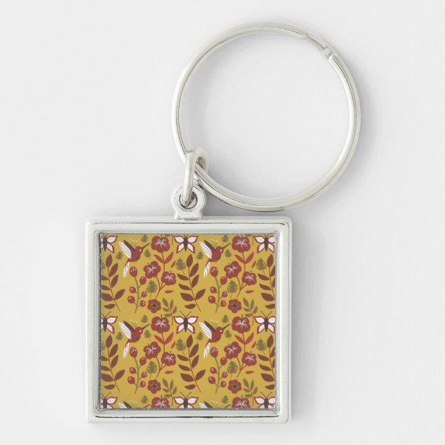 Floral seamless pattern flowers, butterfly, red key ring (Front)