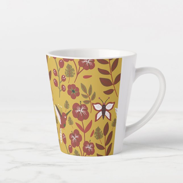 Floral seamless pattern flowers, butterfly, red latte mug (Right)