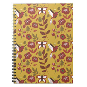 Floral seamless pattern flowers, butterfly, red notebook