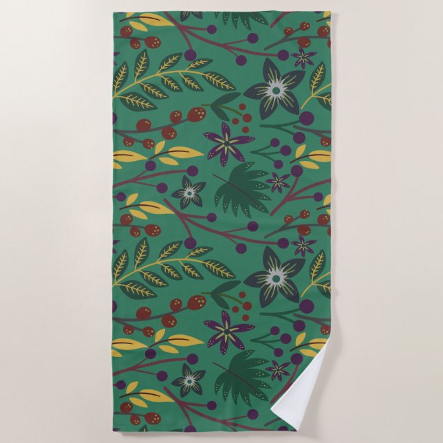 Floral seamless pattern flowers green background beach towel (Front)