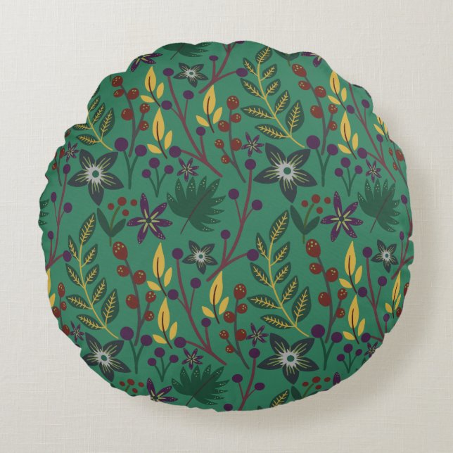 Floral seamless pattern flowers green background round cushion (Front)