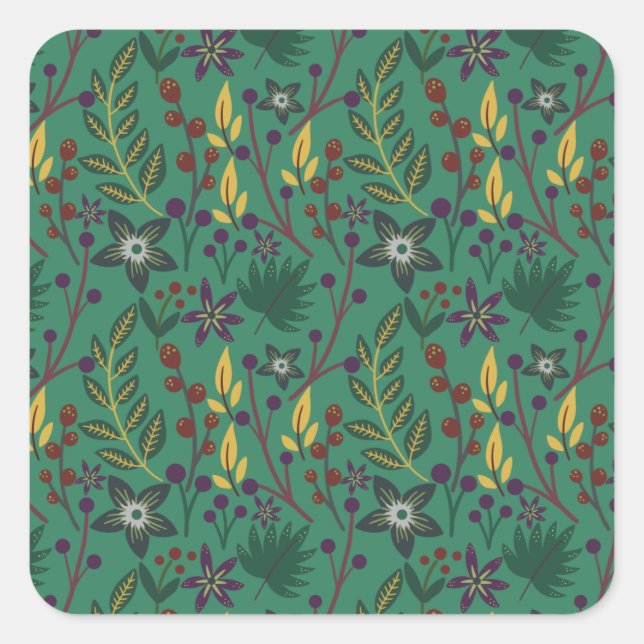 Floral seamless pattern flowers green background square sticker (Front)