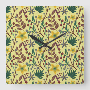 Floral seamless pattern flowers, leaves, branches square wall clock
