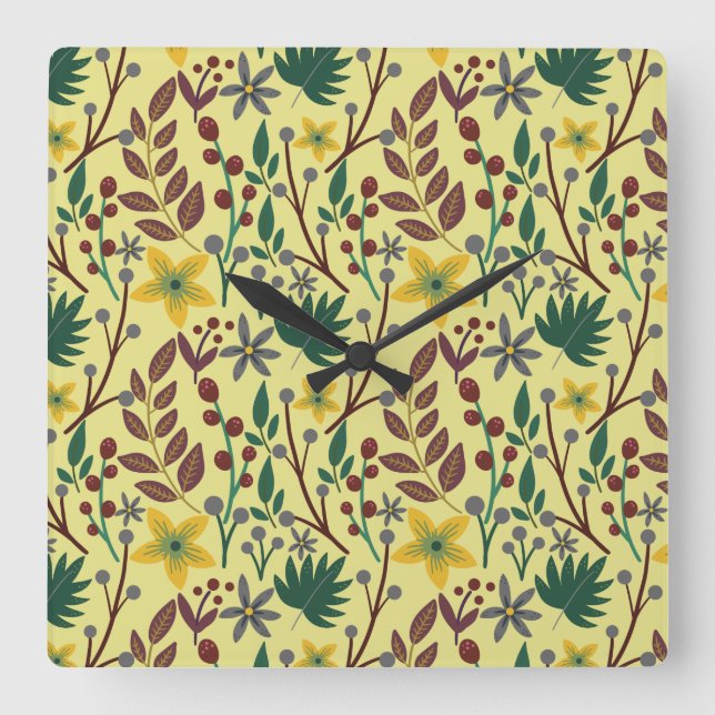 Floral seamless pattern flowers, leaves, branches square wall clock (Front)
