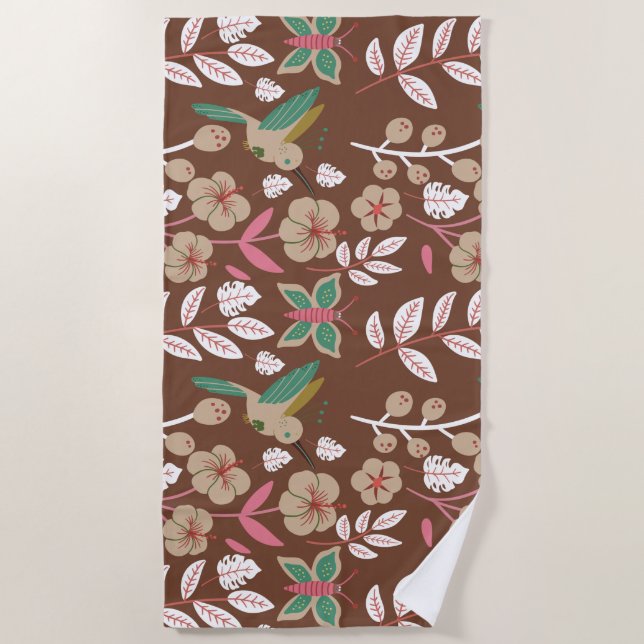 Floral seamless pattern flowers, leaves, butterfly beach towel (Front)