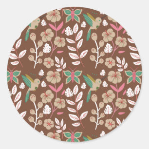 Floral seamless pattern flowers, leaves, butterfly classic round sticker