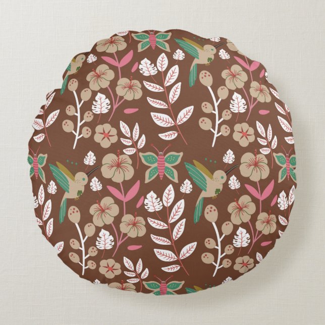 Floral seamless pattern flowers, leaves, butterfly round cushion (Front)