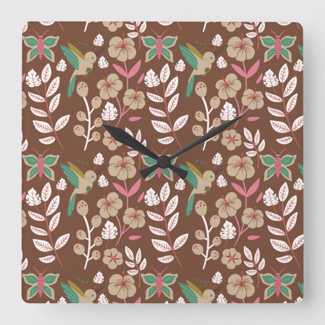 Floral seamless pattern flowers, leaves, butterfly square wall clock (Front)