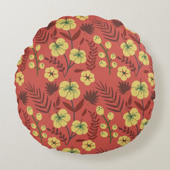 Floral seamless pattern flowers yellow and red round cushion (Front)