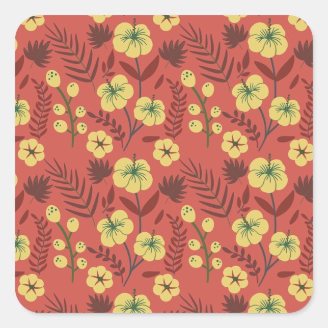 Floral seamless pattern flowers yellow and red square sticker (Front)