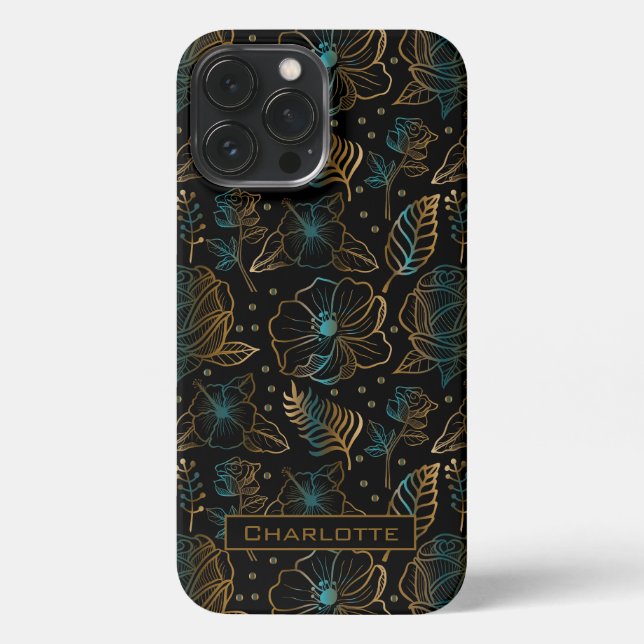 Floral seamless pattern gold personalised name iPhone case (Back)