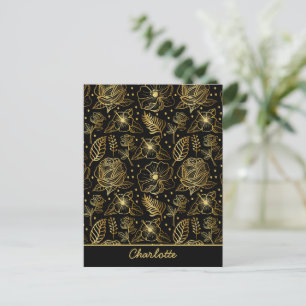 Floral seamless pattern gold personalised name postcard