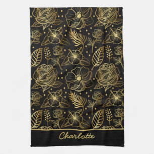Floral seamless pattern gold personalised name tea towel